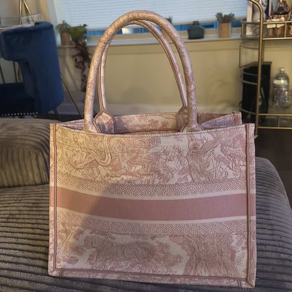 Small Dior Book Tote Pink Toile De Jouy Embroidery View 4